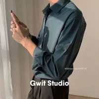 Gwit Studio เสื้อเชิ้ตผู้ชาย ผ้าฝ้ายเครป แบบไม่ต้องรีด เขียวเข้ม ดำ ขาว เสื้อแขนยาว แบบเวอร์ชั่นเกาหลี Gwit002