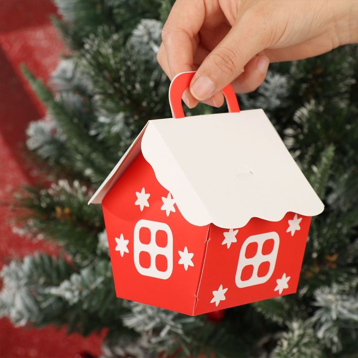 okdeals-10ชิ้นคุณภาพสูงบ้านรูปปีคริสต์มาสอุปกรณ์ตกแต่งกระเป๋าของขวัญคริสต์มาสถุงคุกกี้ลูกอมสีแดงกระเป๋า