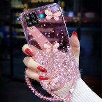 LIFEBELLE สำหรับ Samsung Galaxy A12 / M12 + สายคล้องข้อมือ,Luxury Rhinestone ผีเสื้อ Glitter Star ฟอยล์ Bling โทรศัพท์ใสซิลิโคน TPU Bling โทรศัพท์มือถือเคสฝาครอบสำหรับป้องกันหญิง