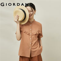 GIORDANO Women Shirts Ruffle Trim Kimono Sleeve Lightweight Shirts Stand Collar 100% Cotton Loose Fashion Casual Shirts 18343601