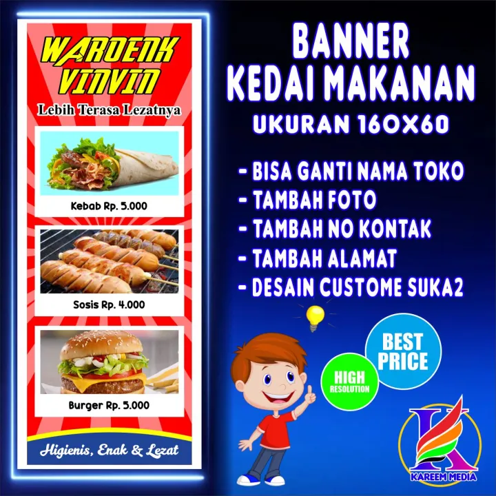 Banner Kebab sang trọng và ấn tượng chào đón những tín đồ ẩm thực đến thưởng thức món khai vị đậm đà. Kedai Makanan đang chờ bạn với những món ăn đậm chất địa phương và các loại thực phẩm tươi ngon. 