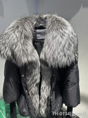 ▩ gsger Jaqueta de pato branco para mulheres casaco super grande gola pele raposa prateada real manga malha casacos luxuosos moda inverno 2023