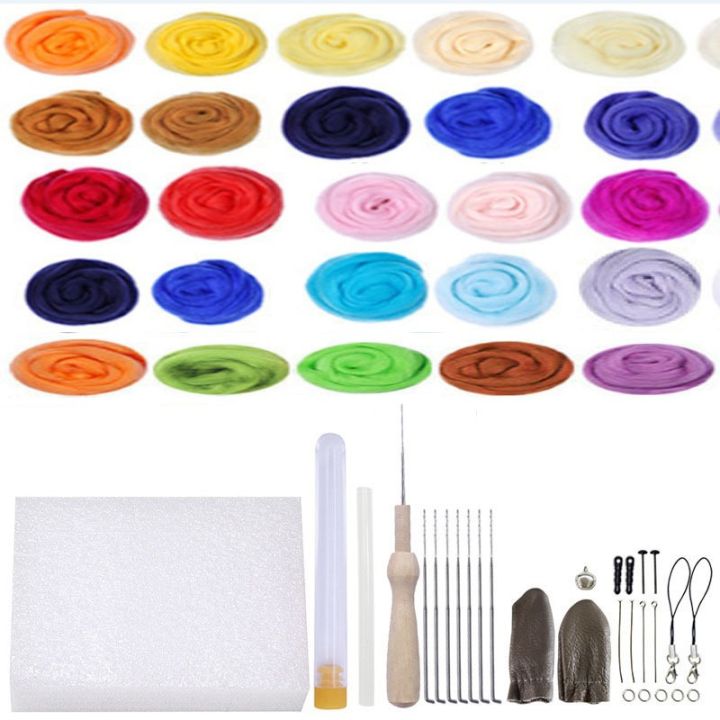 25 Colors Felt Yarn Roving Set Needle Felting Starter Kit Foam Mat Arts