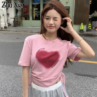 Zhu Xia เสื้อยืด Cewek Seksi ผู้หญิงเสื้อยืด2023พิมพ์ลายรักใหม่สำหรับฤดูร้อนดีไซน์เสื้อเข้ารูปมีเชือกรูดขนาดพิเศษเสื้อยาวปิดถึงก้นผู้หญิง