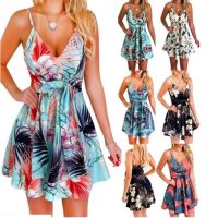 2022 summer womens sexy fashion V-neck suspenders sleeveless backless bandage printed swing dress ❤