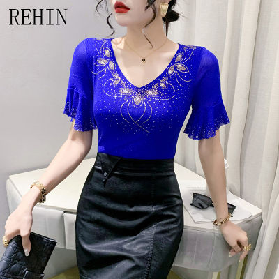 REHIN เสื้อยืดแขนสั้นสำหรับผู้หญิง,เสื้อลูกไม้คอวีผ้าตาข่ายประดับเพชรสุดฮอตสำหรับฤดูร้อนของสไตล์เกาหลีแบบใหม่เสื้อแขนระบาย