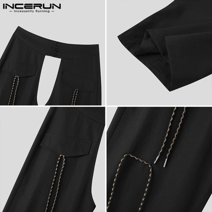 incerun-กางเกงอเนกประสงค์แฟชั่นผู้ชายกางเกงเชือกผูกมีกระดุมกลวงออกธรรมดา-สไตล์ตะวันตก