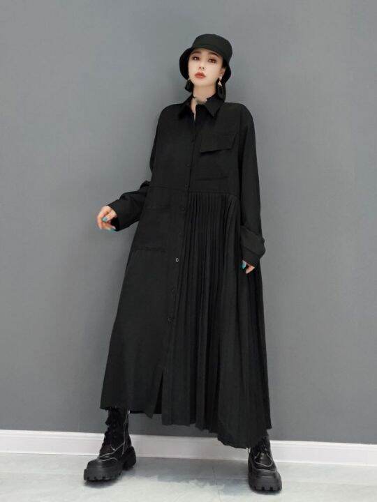 xitao-dress-solid-color-asymmetrical-long-sleeve-pleated-shirt-dress