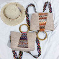 Ethnic Style Ring Hand-Woven Straw Bag Geometric Pattern Shoulder Strap Shoulder Bag Messenger Bag