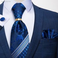 ▤☈❦ Mens Tie Handkerchief Cuffink Necktie Set Jacquard Woven Silk Blue Wedding Formal Business Party Necktie Ring Set DiBanGu