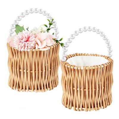 Wicker Wedding Flower Girl Baskets Pearl Wicker Rattan Handwoven Basket Flower Basket with Handle Straw