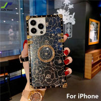 JieFie เคสโทรศัพท์ทรงสี่เหลี่ยมลายดอกกุหลาบ,เคสโครเมี่ยมหรูหราสำหรับ iPhone 11 Pro Max 12 Pro Max 13 Pro Max 14 Pro Max 6 6S 6 Plus 6S Plus 7 8 7 Plus 8 Plus X XS XR XS Max ฝาครอบโทรศัพท์ TPU แสงสีทองพร้อมขาตั้งวงแหวน