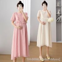 ♨☽◈ Moda fungo borda maternidade chiffon dress 2023 verão roupas para mulheres grávidas o-pescoço manga curta sólida gravidez vestidos