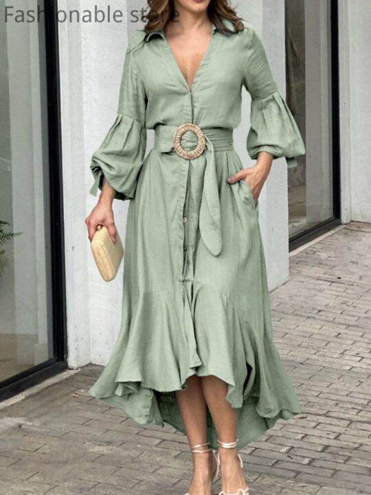 women-elegant-solid-color-lantern-sleeve-ruffle-hem-pocket-design-belt-maxi-dress-without-lining