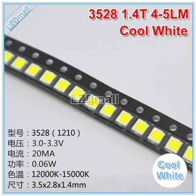 100Pcs 3528 3V 20Ma เย็นสีขาว Led โคมไฟลูกปัด1210 1.4T Smd Led 3528 0.06W Cool White 12000K-15000K 4-5Lm 5-6Lm 7-8Lm