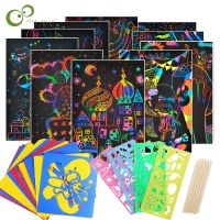 Magic Color Rainbow Scratch Art Paper Card Set with Graffiti Stencil for Drawing Stick DIY Art Painting Toy for Children GYH