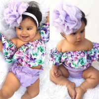 Summer Newborn Baby Girls Off Shoulder Floral Tops Shorts Briefs 3pcs Outfit Toddler Clothes Headband  by Hs2023