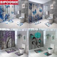 【CW】☬  Print Shower Curtains 4 Piece Toilet Cover Set Curtain with 12 Hooks