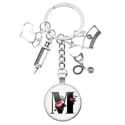 Latest Home Stethoscope Nurse Syringe Keychain A-Z Round Glass Dome Cabochon Pendant Men and Women Fashion Charm Keychain Key Chains