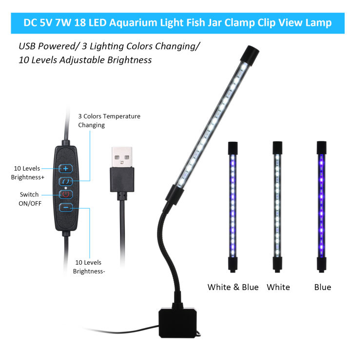 d-c-5v-7w-18-led-ไฟตู้ปลาปลา-jar-clamp-คลิปดูโคมไฟ-usb-ขับเคลื่อน3สีแสงเปลี่ยน10ระดับปรับแสงสลัวได้ยืดหยุ่น-bendable-หลอดพับเก็บได้แบบพกพา