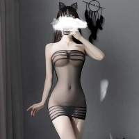 Women Sexy Mini Skirt perspective Striped tube top Nightwear Erotic Lingerie Sleepwear See Through Female Dress Nightgown