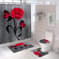 4 PCS Rose Flower Print Shower Curtain Sets With Hooks Bathroom Mat Anti-Slip Soft Bath Carpet Lover Valentines Home Decoration