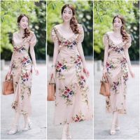 Fashion 250+เสื้อผ้าแฟชั่น เสื้อผ้าผู้หญิง เดรสลายดอก  สี ครีม พร้อมส่ง