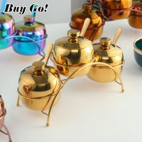 hotx【DT】 304 Gold Seasoning Condiment Pot Set Spice Pepper Jar with Lid and Holder Rack