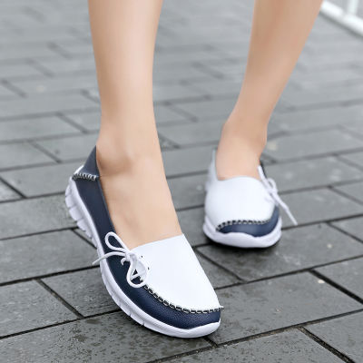 รองเท้าโลฟเฟอร์รองเท้าแตะหญิงสองโทนน้ำหนักเบานุ่มหนังแท้รองเท้าลำลองของผู้หญิงที่มีคุณภาพสูง ORNGMALL 36-42