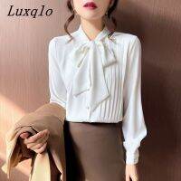 Luxqlo เสื้อเบลาส์แขนยาวเข้ารูปพอดีสไตล์ฉบับภาษาเกาหลีโบว์เสื้อเชิ้ตสัมผัสใหม่เสื้อทางการที่หรูหรา