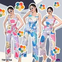 B18704 Jumpsuit จั้มสูทสายเดี่ยว ขายาว พิมพ์ลาย ผูกเอว Jumpsuit