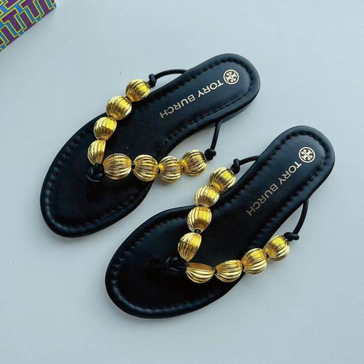 2023-new-tory-burch-capri-series-two-colors-beaded-leather-flat-flip-flops