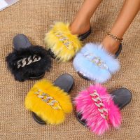 Hot sell Fur Women Slippers Furry Fluffy Flip Flops Women Sandals Gold Chain Fur Slides Ladies Slippers Plus Size Shoes Women