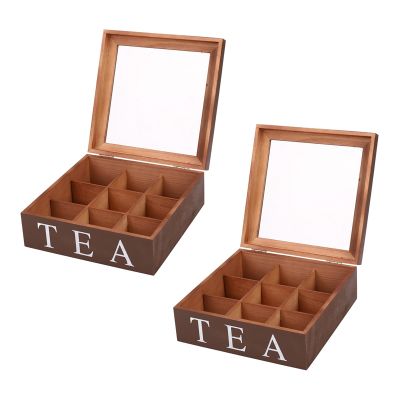 Wooden 9 Grids Tea Box Tea Bags Container Storage Box Square Gift Box Case Transparent Top Lid Jewelry Storage Box