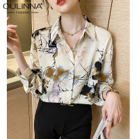 OULINNA 2023 Autumn เสื้อชีฟองลายพิมพ์แขนยาวหมึกสำหรับผู้หญิงใหม่