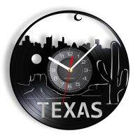 Hot sell Texas Cityscape Gramophone Record Wall Clock State Of America Landscape Landmark Modern Wall Art Black Hanging Silent Timepieces