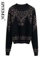 KPYTOMOA Women Fashion Metallic Thread Jacquard Knit Sweater Vintage O Neck Long Sleeve Pullovers Chic Tops