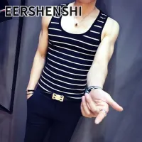 EERSHENSHI เสื้อกั๊กผู้ชาย,เสื้อกั๊กระบายอากาศสำหรับฤดูร้อนวัยรุ่นรัดรูปฉบับภาษาเกาหลีเสื้อยืดแขนกุดเสื้อกั๊กลายทาง