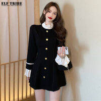 ELF TRIBE ชุดเดรสฝรั่งเศสสำหรับผู้หญิง New Temperament Splicing Buttons Round Neck Long Sleeves A-Line Dresses