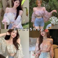 Cici(7665/9010)เสื้อครอปเกาะอกมีแขน ผ้าชีฟองสกรีนลายใส่ได้2แบบ สวยแพงสุดๆ