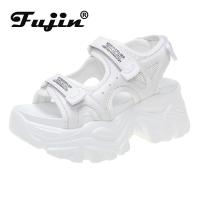 Fujin หนัง8ซม.รองเท้าเสริมส้นรองเท้าส้นเตารีดสำหรับผู้หญิงรองเท้าฤดูร้อนสบายสบายสบายๆเบ็ดสไลด์รองเท้าแตะสำหรับเดินชายหาด Chunky รองเท้า