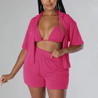 ☂ 2023 New In Matching Sets Women Solid Color shirt and short sets with bra Casual Beach 3 piece sets women outfit