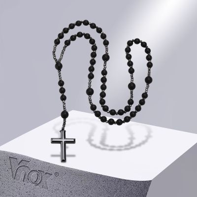 【CW】Vnox Black Rosary Cross Necklaces for Men Women  Power Balance Hematite Necklace  Church Prayer Jewelry