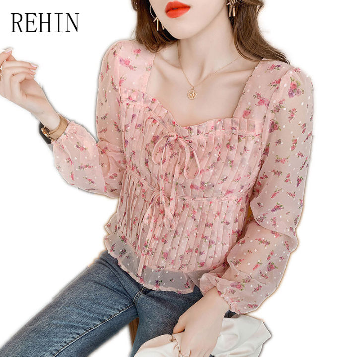 rehin-เสื้อเชิ้ตผ้าชีฟองแขนยาวแฟชั่นสำหรับผู้หญิง-เสื้อเบลาส์สตรีลายดอกไม้คอสี่เหลี่ยมแบบหวานๆสไตล์ฝรั่งเศสเสื้อใหม่ฤดูใบไม้ผลิปี2022