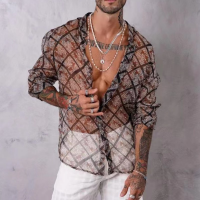 New Men S Casual See Through Short Sleeve Tight Mesh Print Breathable Summer Slim Shirt