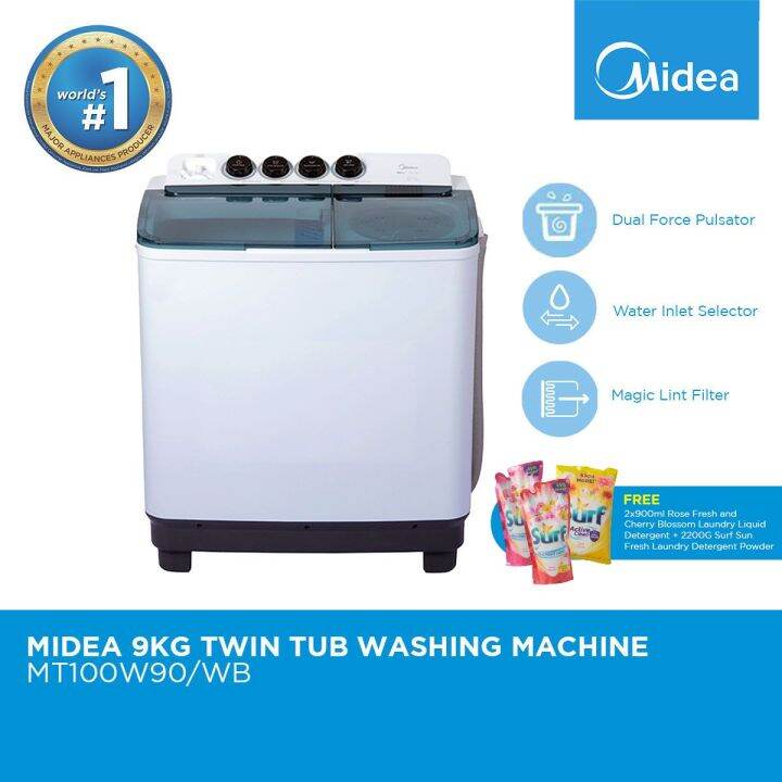 Midea 9kg Twin Tub Washing Machine MT100W90/WB with FREE Detergent