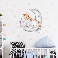 Cartoon Baby Elephant Giraffe Sleeping on The Moon Wall Stickers for Kids Room Baby Room Decoration Wall Decals PVC Wall Sticker Wall Stickers  Decals