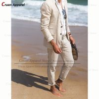 Classic Beige Linen Suits for Men Set Summer Groom Groomsmen Wedding Beach Tuxedo Fashion Tailor-made Casual Blazer Pants 2Pcs