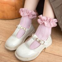 สีทึบทอง KAOS Kaki Anak Perempuan ผ้าตาข่ายแบบหวานน่ารักสไตล์เกาหลีโลลิต้ามีระบายสำหรับฤดูใบไม้ผลิถุงเท้าผ้าฝ้ายเด็กวัยหัดเดินถุงเท้าสั้นสำหรับเด็ก