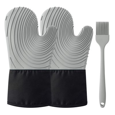 Silicone Oven Mitts Heat Resistant Thick Oven Gloves Waterproof Mitts 1 Pair with 1 Silicone Brush Kitchen Mitts